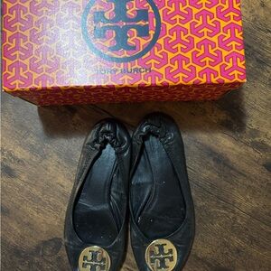 3 for 1 Deal - Tory Burch Black Leather Flats with Gold Logo plus more…